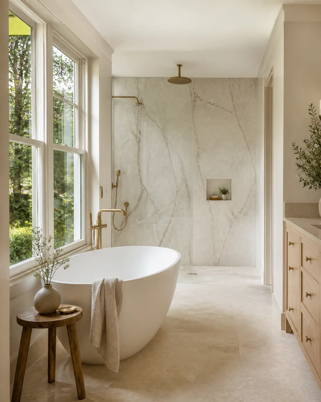 bathroom inspiration with limestone, brass fixtures and a freestanding bath