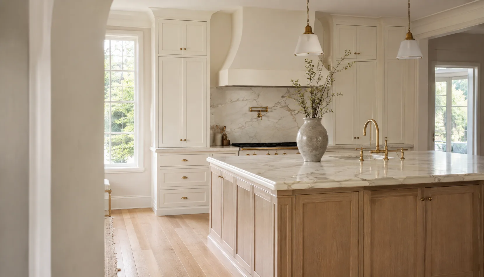 kitchen inspiration with natural oak, marble and warm white cabinetry