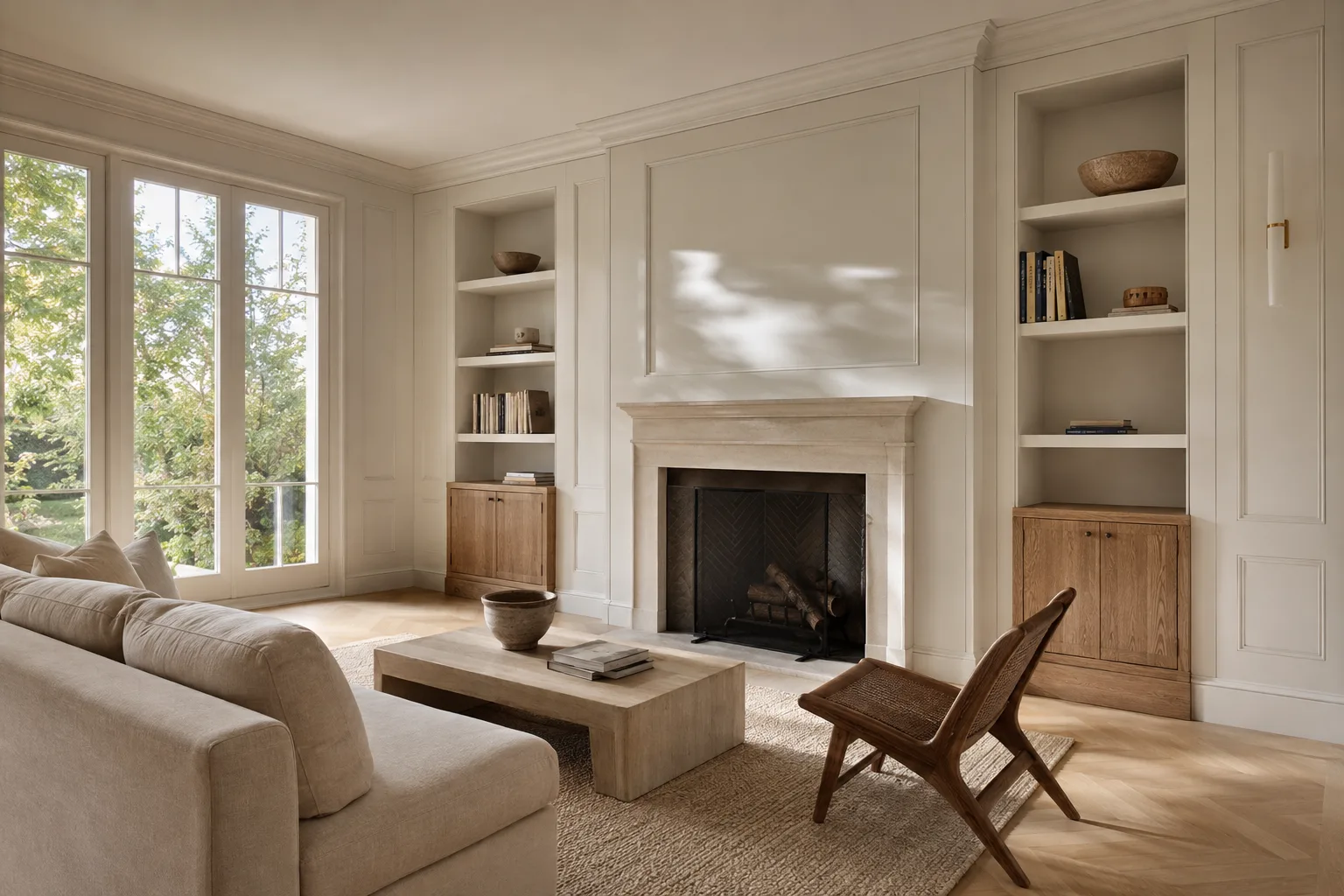 living room inspiration with custom millwork and a limestone fireplace